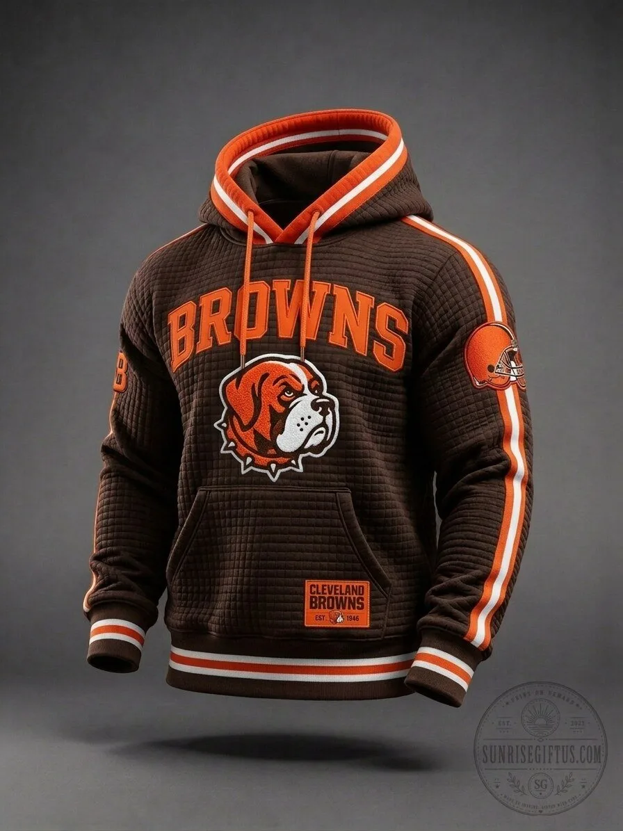 Cleveland Browns Football Team Bulldog Mascot Logo Brown Quilted Hoodie 2 Cleveland Browns Football Team Bulldog Mascot Logo Brown Quilted Hoodie