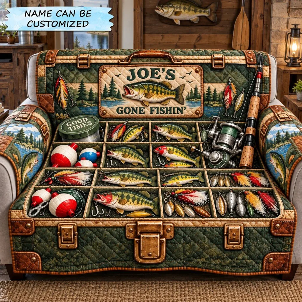 Personalized Gone Fishing Tackle Box Bass Fishing Quilted Sofa Cover Personalized Gone Fishing Tackle Box Bass Fishing Quilted Sofa Cover