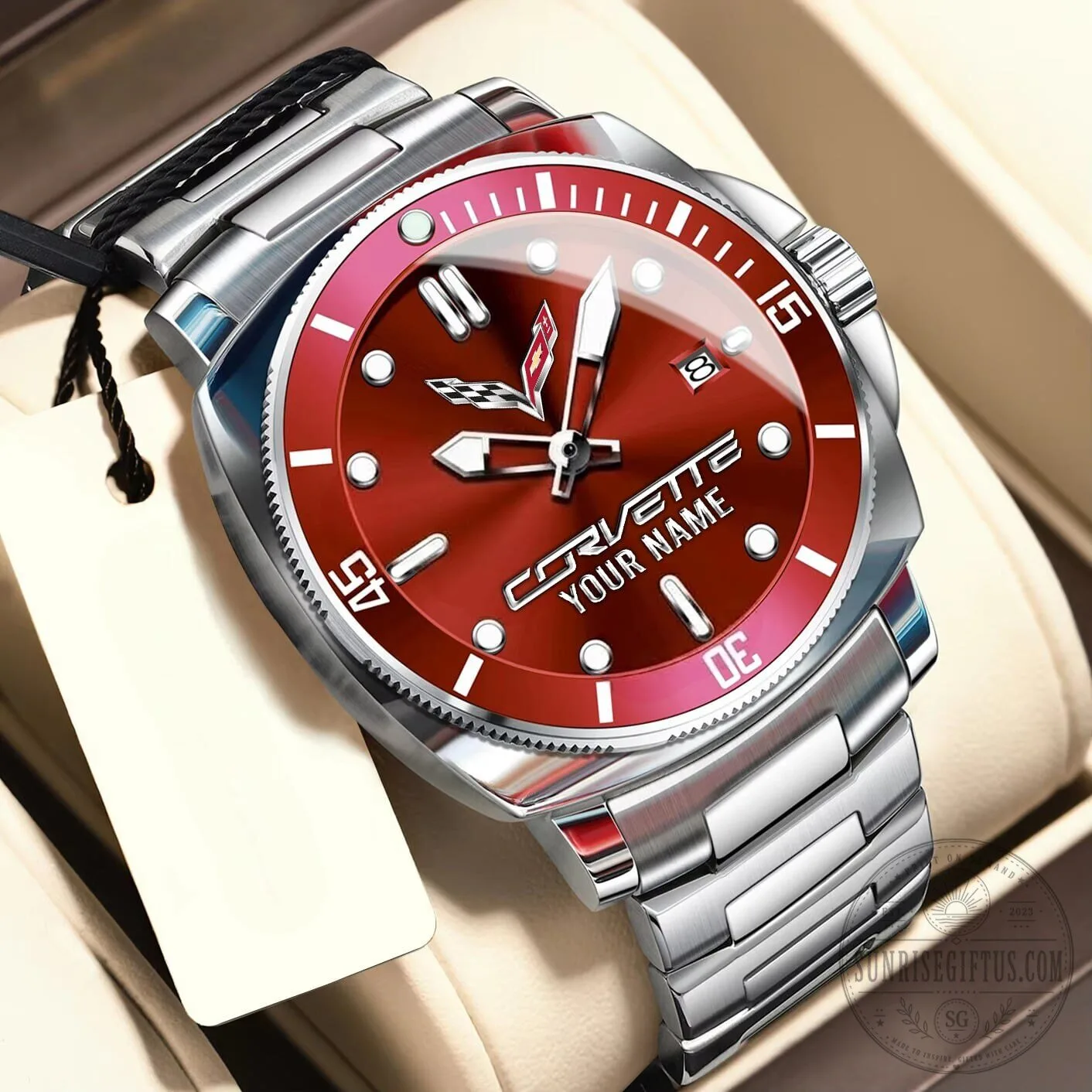 Corvette C8 Stingray Personalized Red Dial Stainless Steel Men's Watch