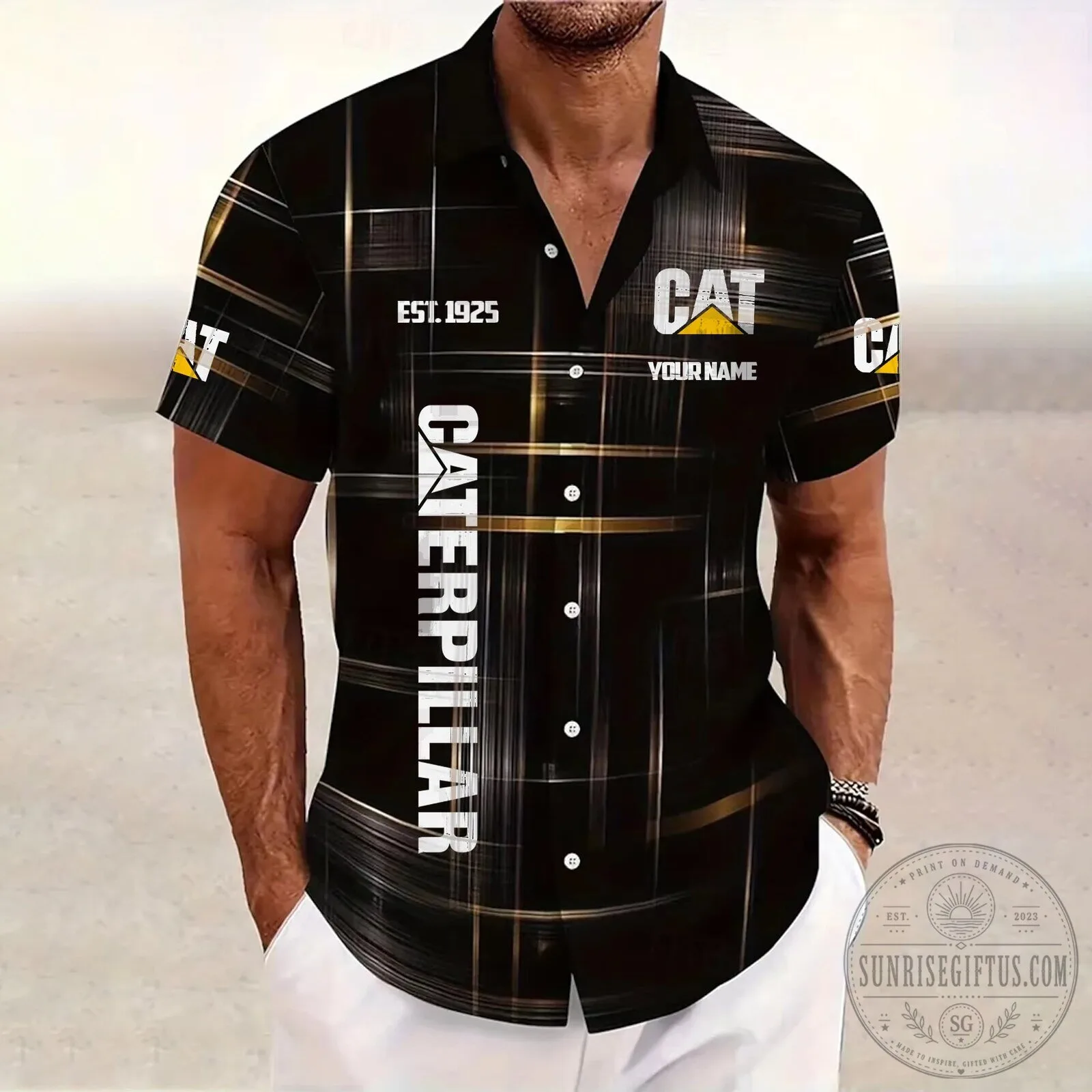 Caterpillar Custom Name Black Gold Hawaiian Shirt 1 Caterpillar Custom Name Black Gold Hawaiian Shirt