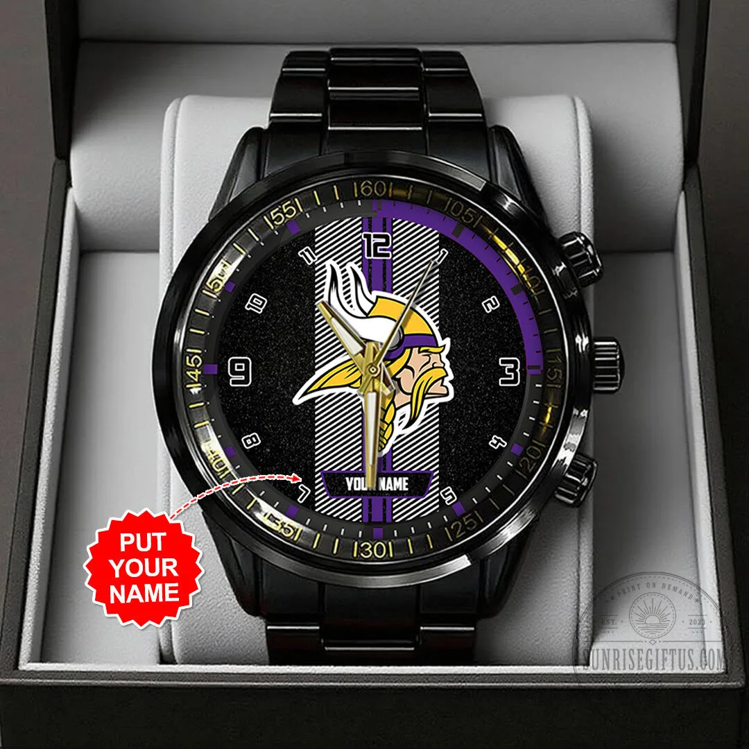 Personalized Minnesota Vikings NFL Football Team Black Stainless Steel Watch 3 Personalized Minnesota Vikings NFL Football Team Black Stainless Steel Watch