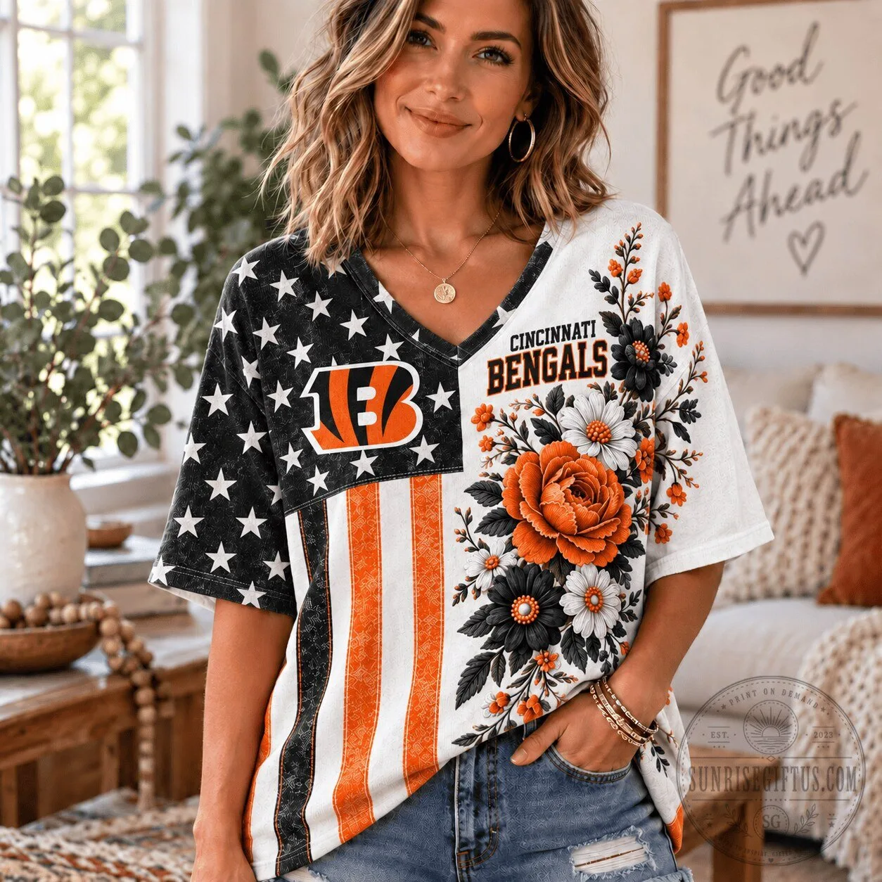 Cincinnati Bengals Fan V-Neck T-Shirt for Women