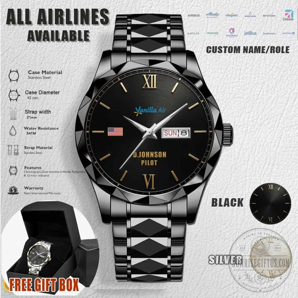 Vanilla Air Airline Pilot Stainless Steel Watch with Custom Name Engraving Vanilla Air Airline Pilot Stainless Steel Watch with Custom Name Engraving