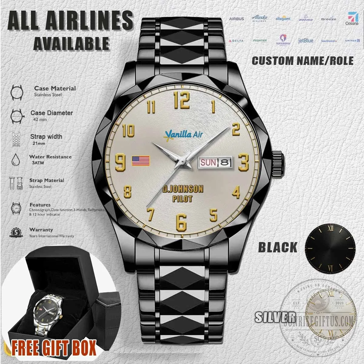Vanilla Air Airline Pilot Stainless Steel Watch with Custom Name Engraving 6 Vanilla Air Airline Pilot Stainless Steel Watch with Custom Name Engraving