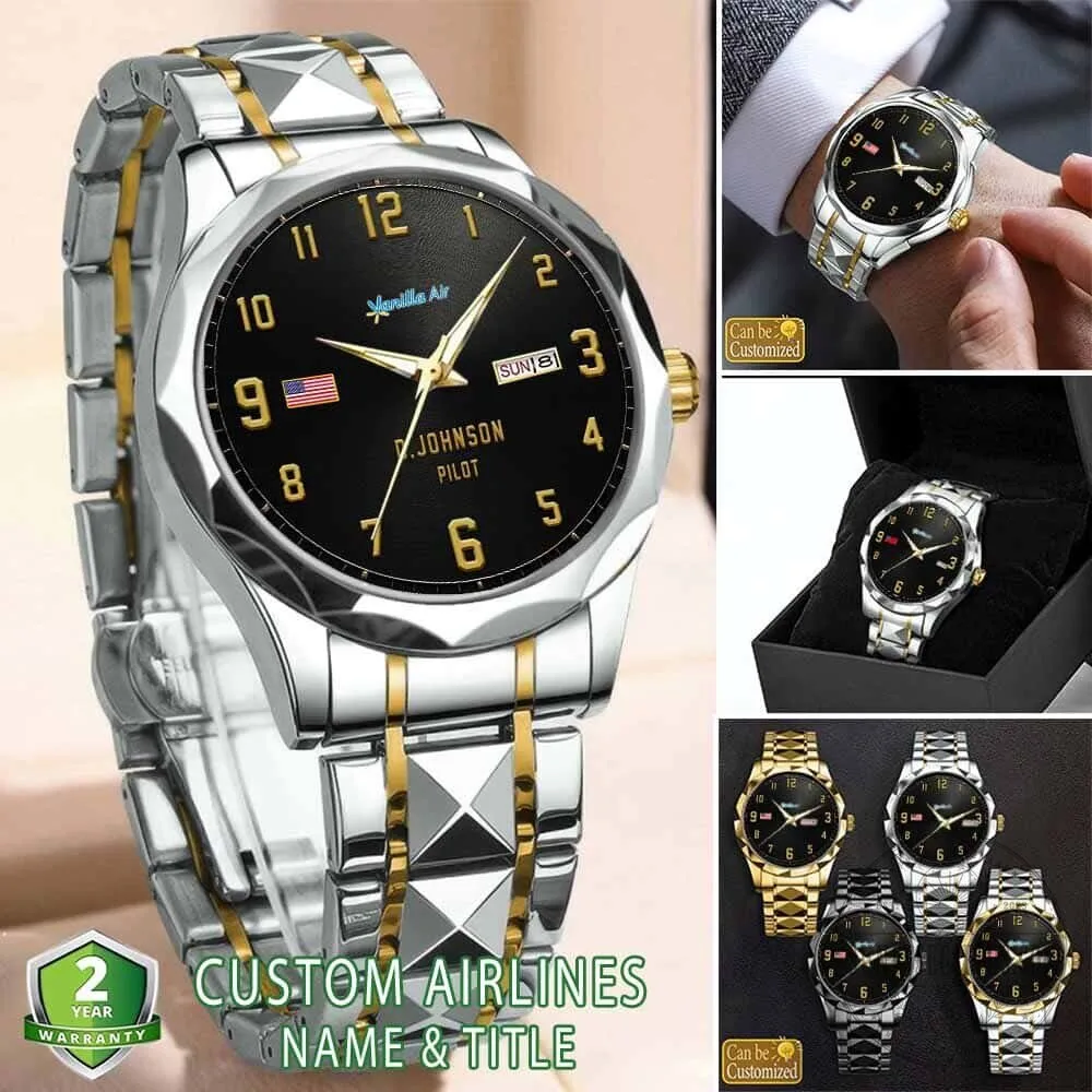 Vanilla Air Airline Pilot Stainless Steel Watch with Custom Name Engraving 7 Vanilla Air Airline Pilot Stainless Steel Watch with Custom Name Engraving