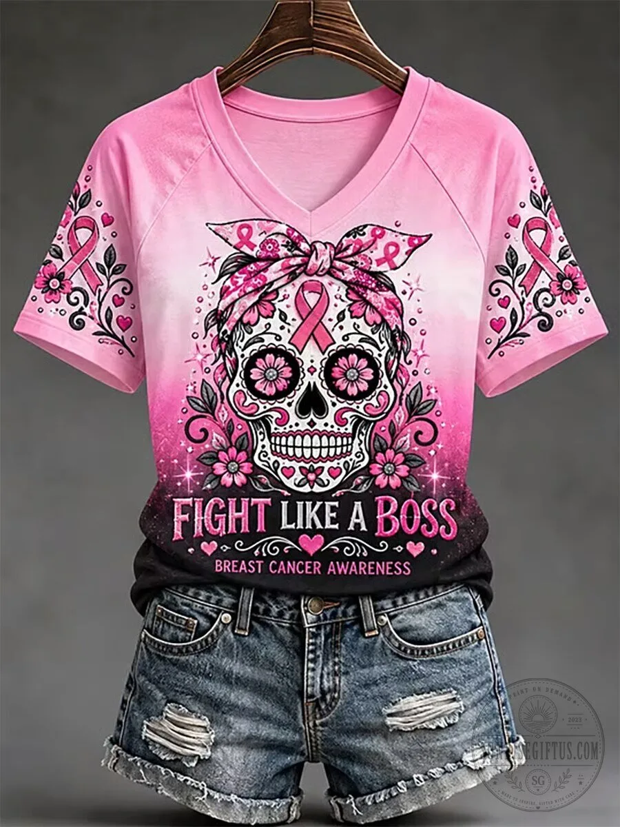 Breast Cancer Awareness Sugar Skull Fight Like A Boss Pink Women's T-Shirt