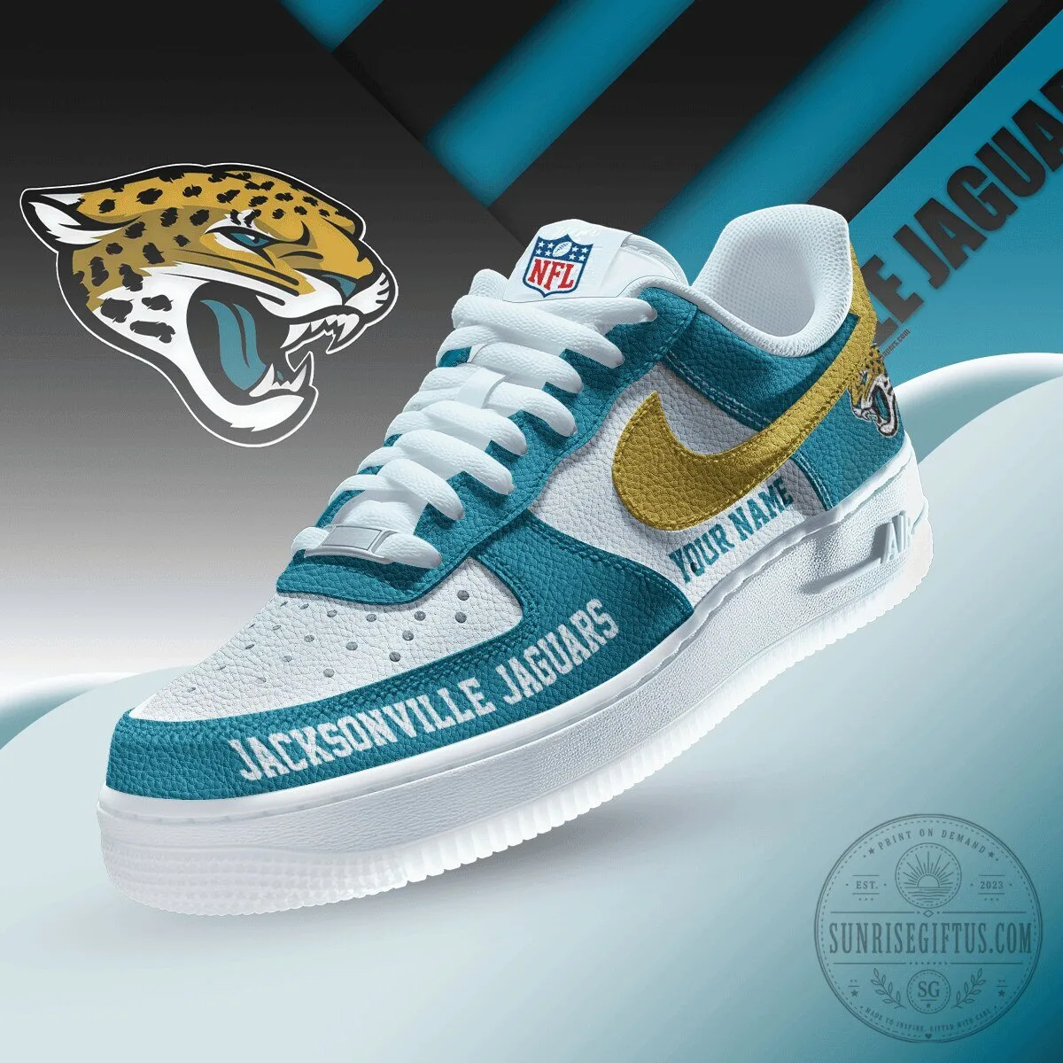 Jacksonville Jaguars Custom Name NFL Team Logo White and Teal Sneakers 6 Jacksonville Jaguars Custom Name NFL Team Logo White and Teal Sneakers