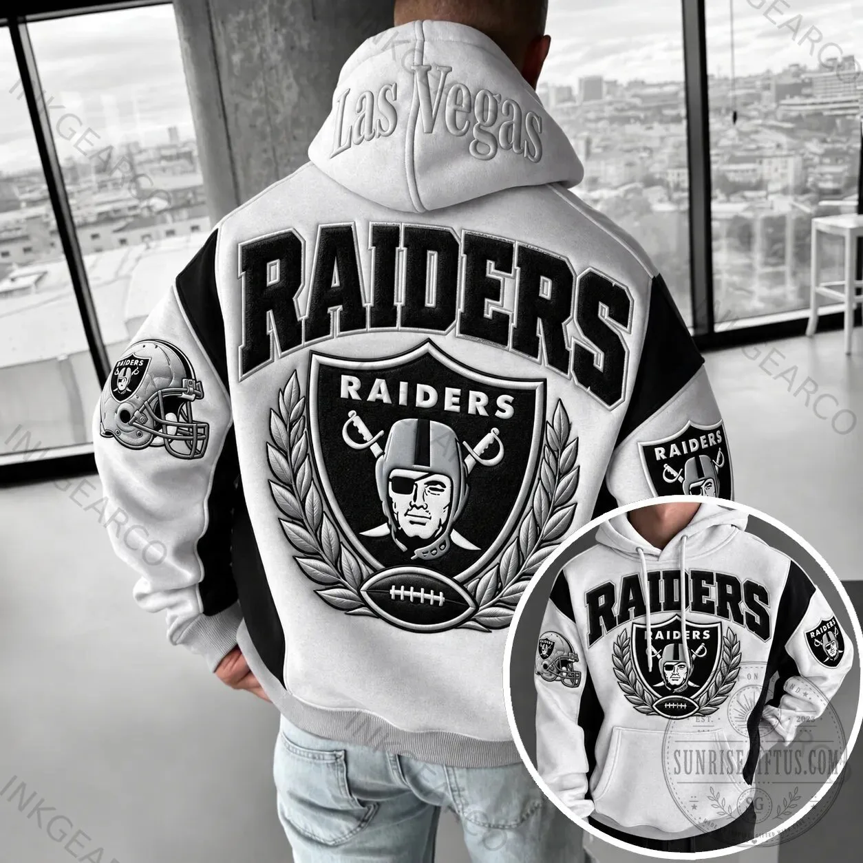 Las Vegas Raiders Football Team Emblem Black and White Hoodie 2 Las Vegas Raiders Football Team Emblem Black and White Hoodie