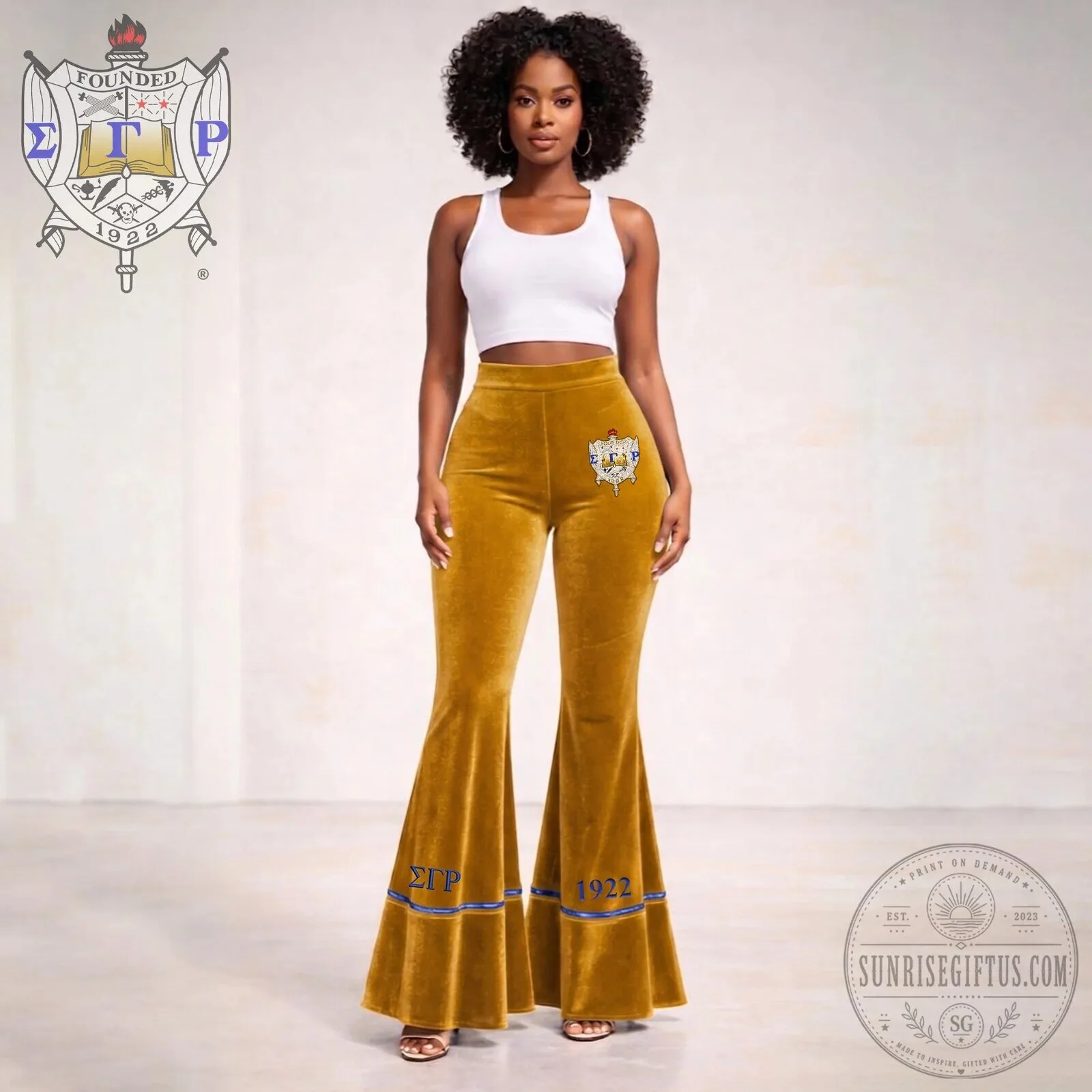 Sigma Gamma Rho Sorority Gold Velvet Flare Pants with Embroidered Crest 1 Sigma Gamma Rho Sorority Gold Velvet Flare Pants with Embroidered Crest