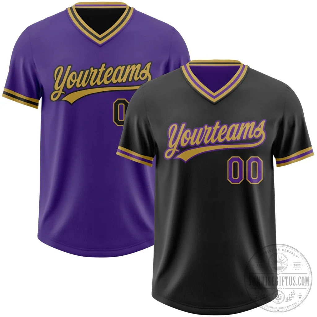 Custom Black Purple Gold Reversible Short Sleeve Baseball Jersey Shirt Custom Black Purple Gold Reversible Short Sleeve Baseball Jersey Shirt
