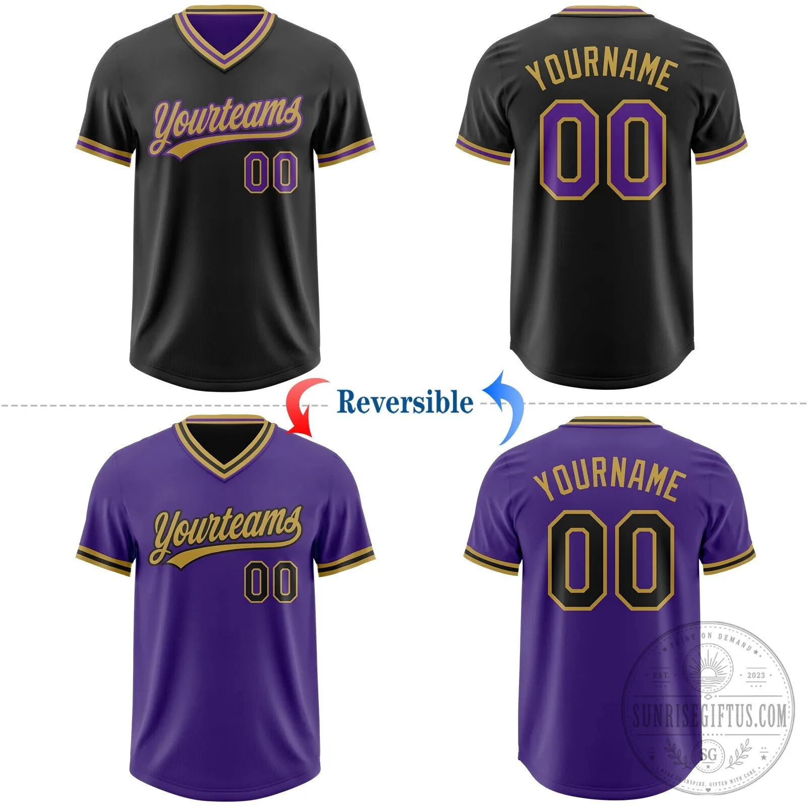 Custom Black Purple Gold Reversible Short Sleeve Baseball Jersey Shirt 10 Custom Black Purple Gold Reversible Short Sleeve Baseball Jersey Shirt
