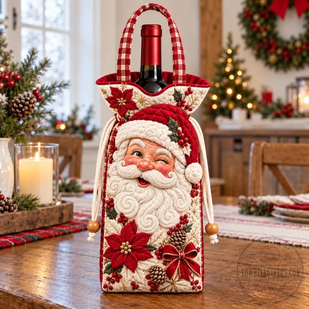 Winking Santa Claus Quilted Christmas Wine Bottle Carrier Bag Winking Santa Claus Quilted Christmas Wine Bottle Carrier Bag
