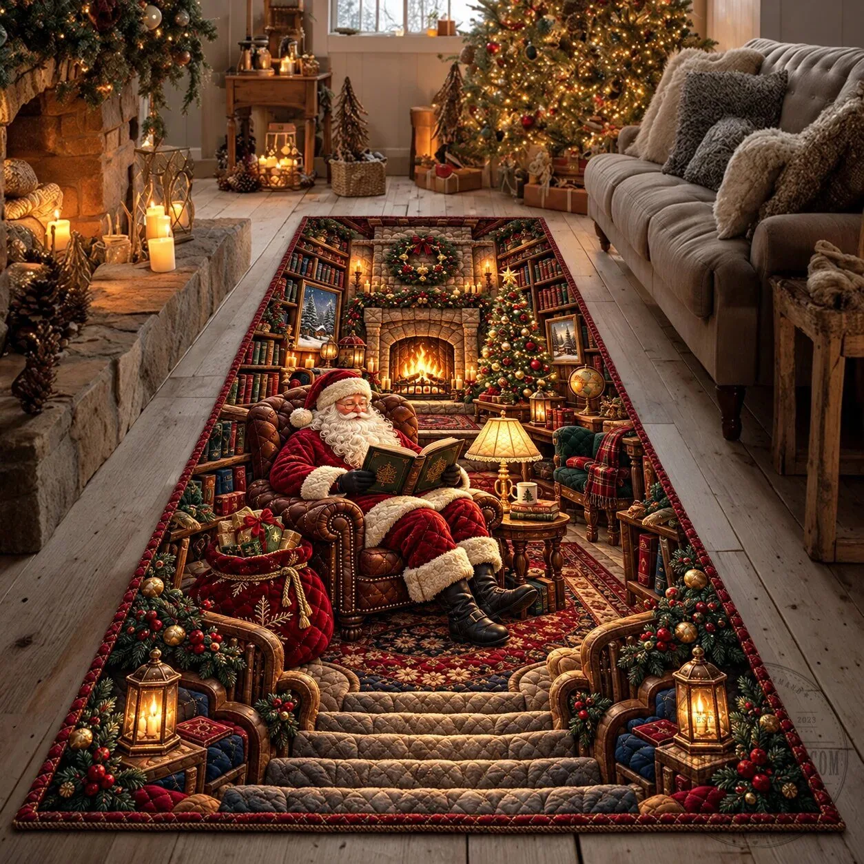 Santa Claus Reading by Fireplace Christmas Holiday Runner Rug