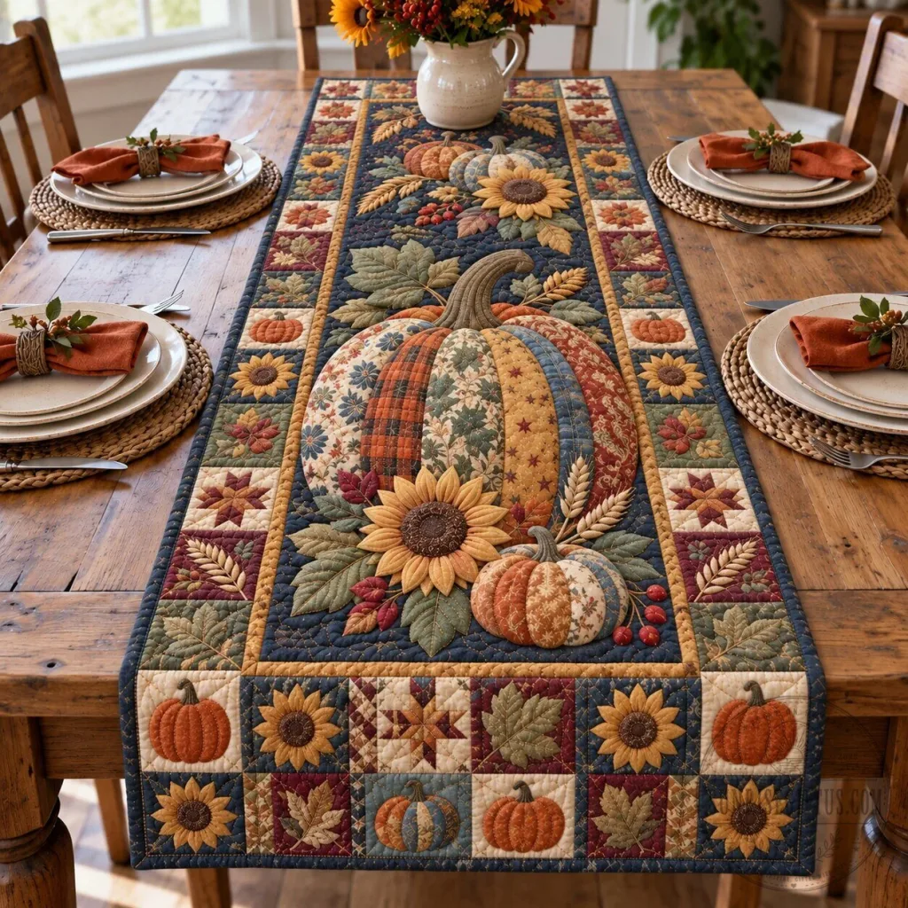 Autumn Pumpkin Patch Sunflowers Quilted Table Runner Autumn Pumpkin Patch Sunflowers Quilted Table Runner