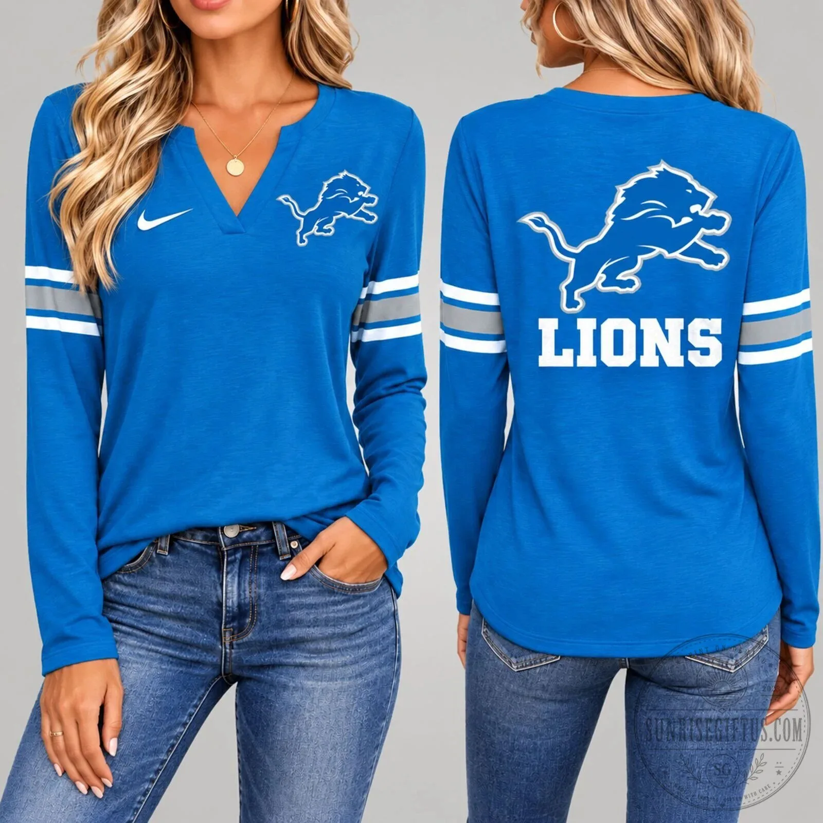 Detroit Lions Women's Split Neck Long Sleeve T-Shirt