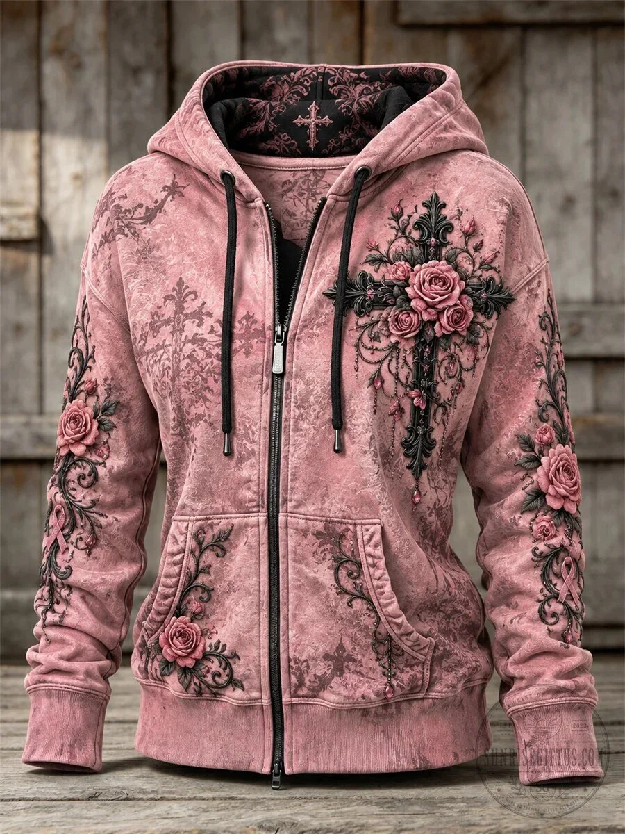 Vintage Pink Ribbon Gothic Cross Roses Floral Art Print Full Zip Hoodie 1 Vintage Pink Ribbon Gothic Cross Roses Floral Art Print Full Zip Hoodie