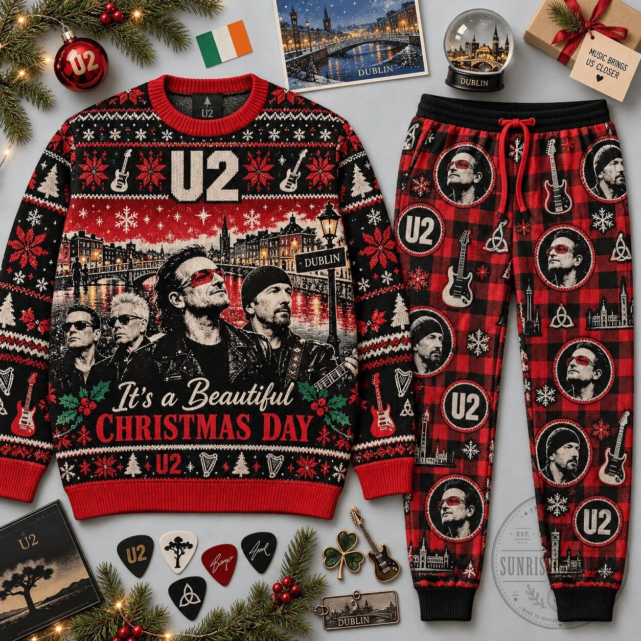 U2 It's a Beautiful Christmas Day Festive Black Red Ugly Christmas Sweater