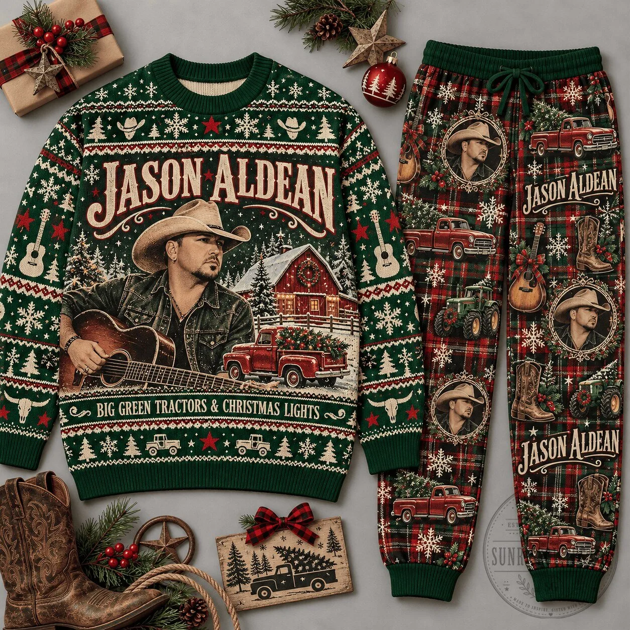Jason Aldean Big Green Tractors Christmas Lights Holiday Sweater and Jogger Pants