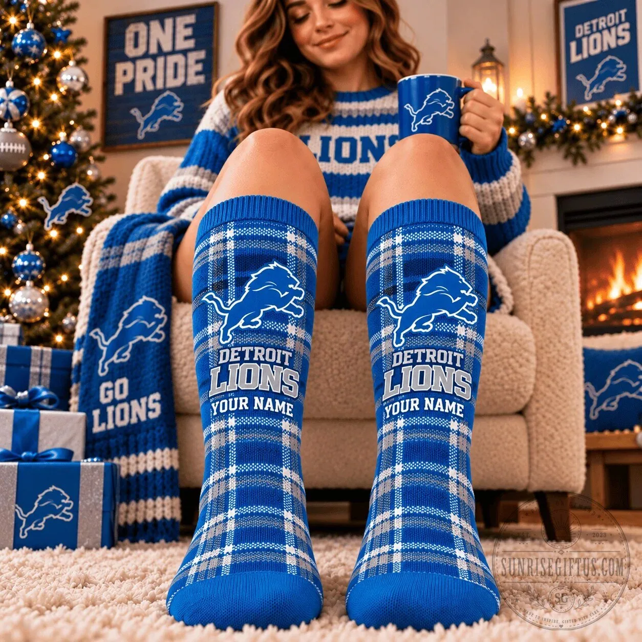 Detroit Lions Personalized Plaid Pattern Fan Socks