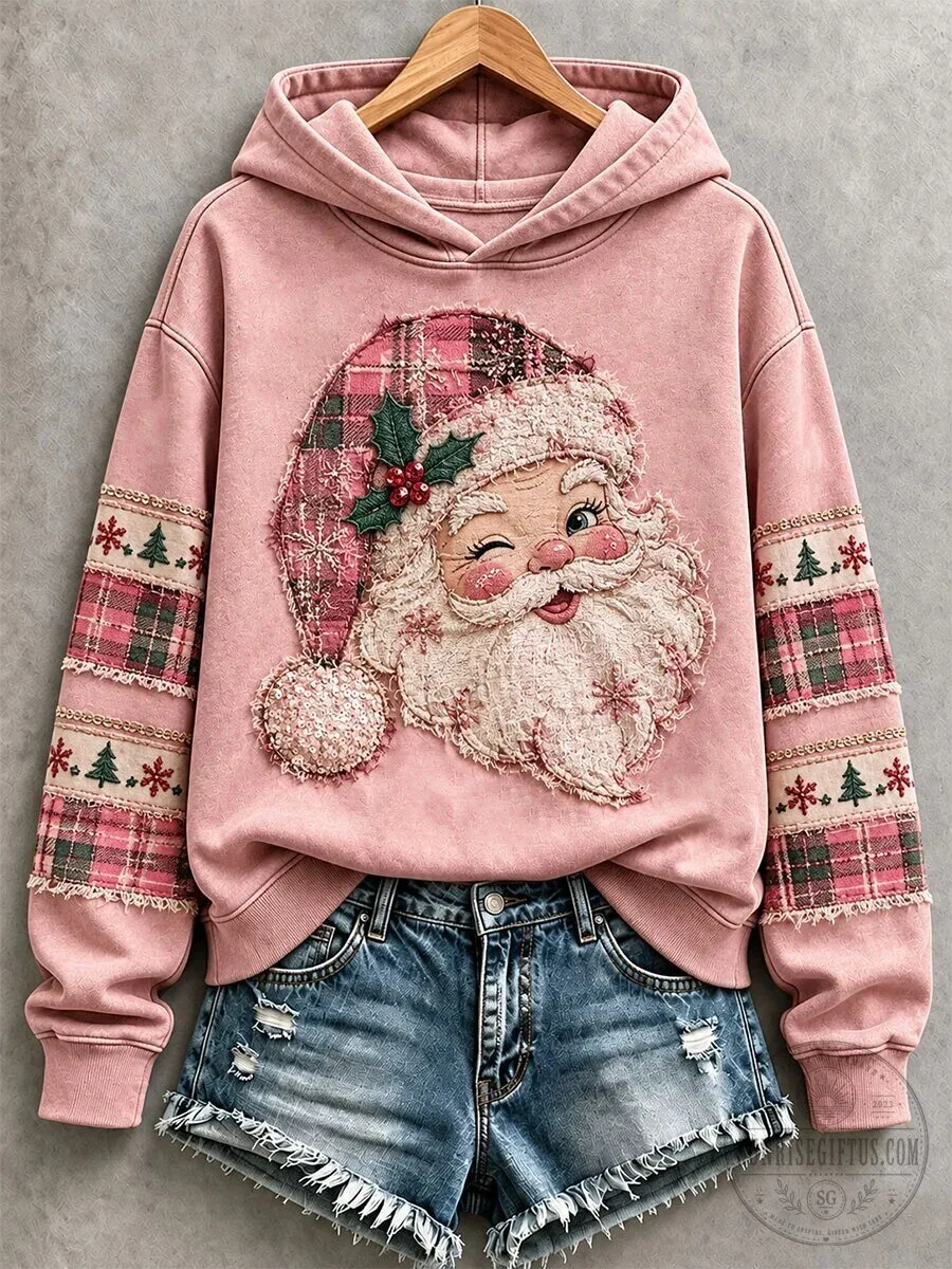 Pink Santa Claus Winking Face Christmas Holiday Women's Hoodie Sweatshirt