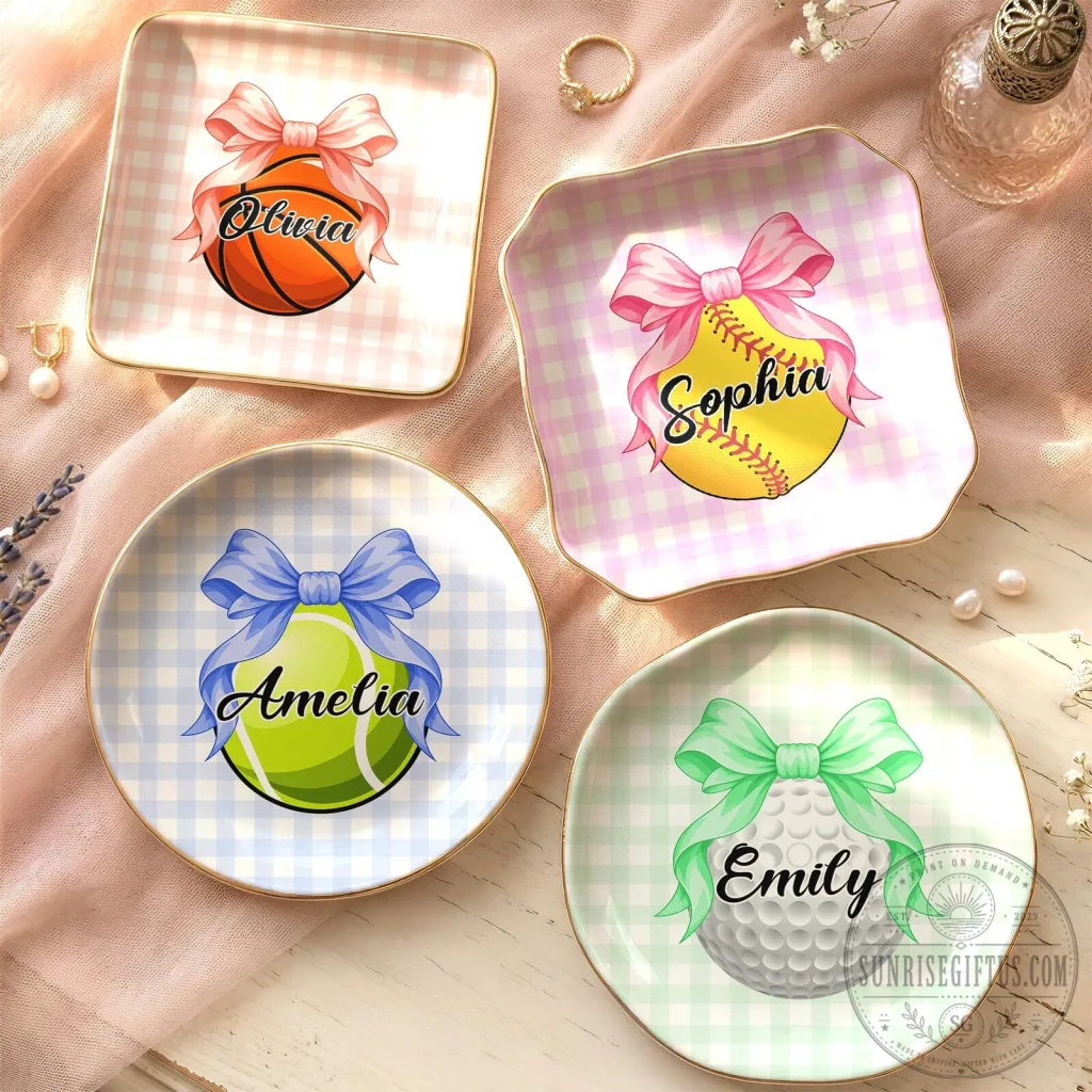 Personalized Sports Ball Coquette Bow Jewelry Dish for Softball Tennis Volleyball Basketball Personalized Sports Ball Coquette Bow Jewelry Dish for Softball Tennis Volleyball Basketball