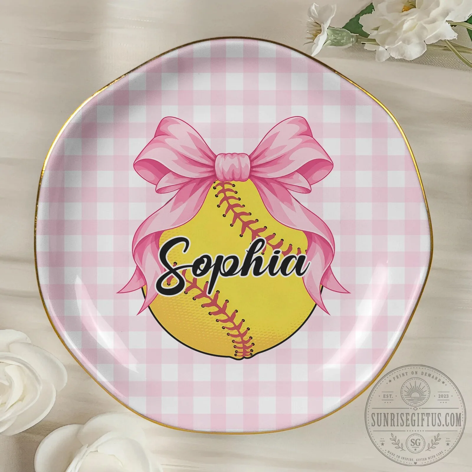 Personalized Sports Ball Coquette Bow Jewelry Dish for Softball Tennis Volleyball Basketball 12 Personalized Sports Ball Coquette Bow Jewelry Dish for Softball Tennis Volleyball Basketball