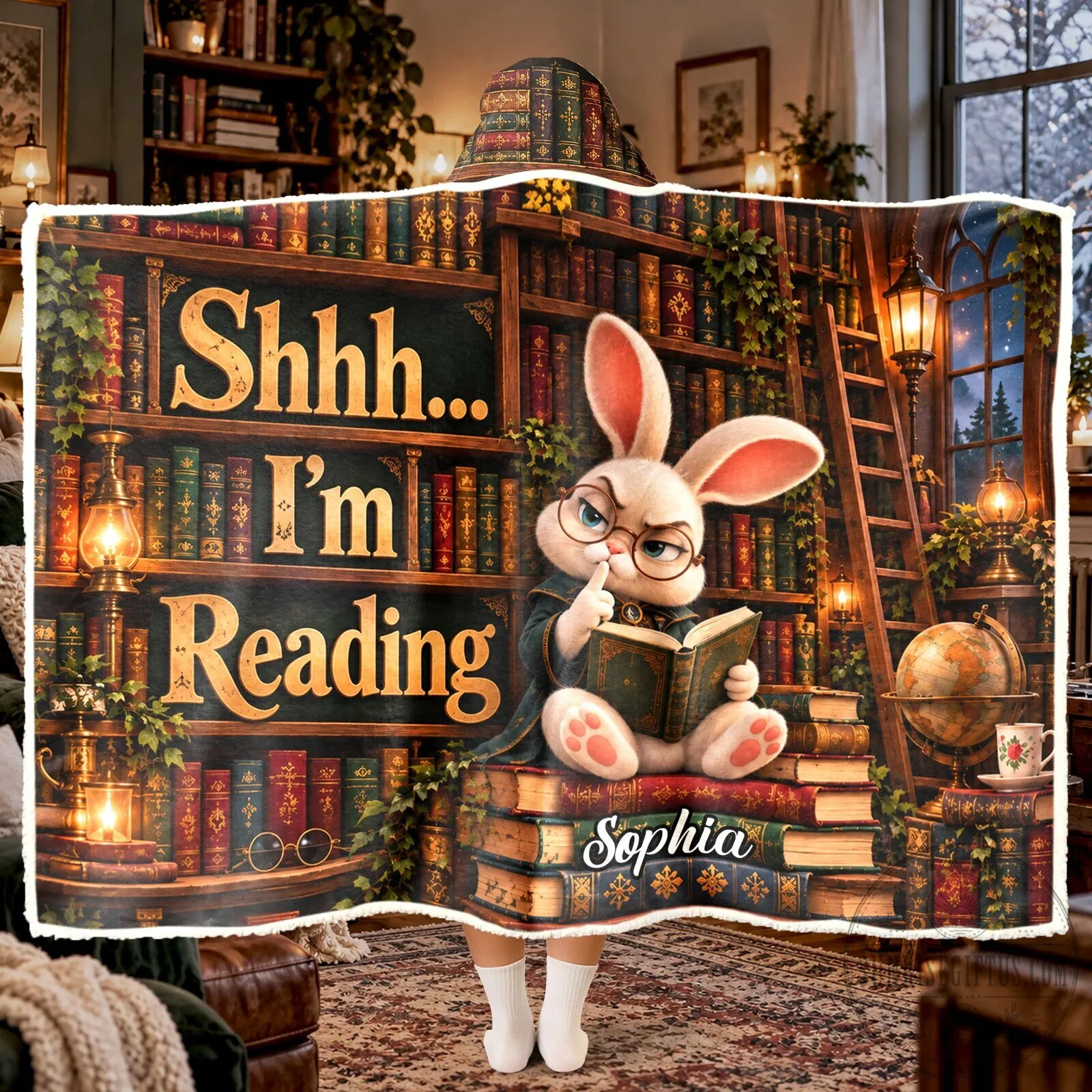Shhh I'm Reading Cute Bunny Book Lover Personalized Hooded Blanket