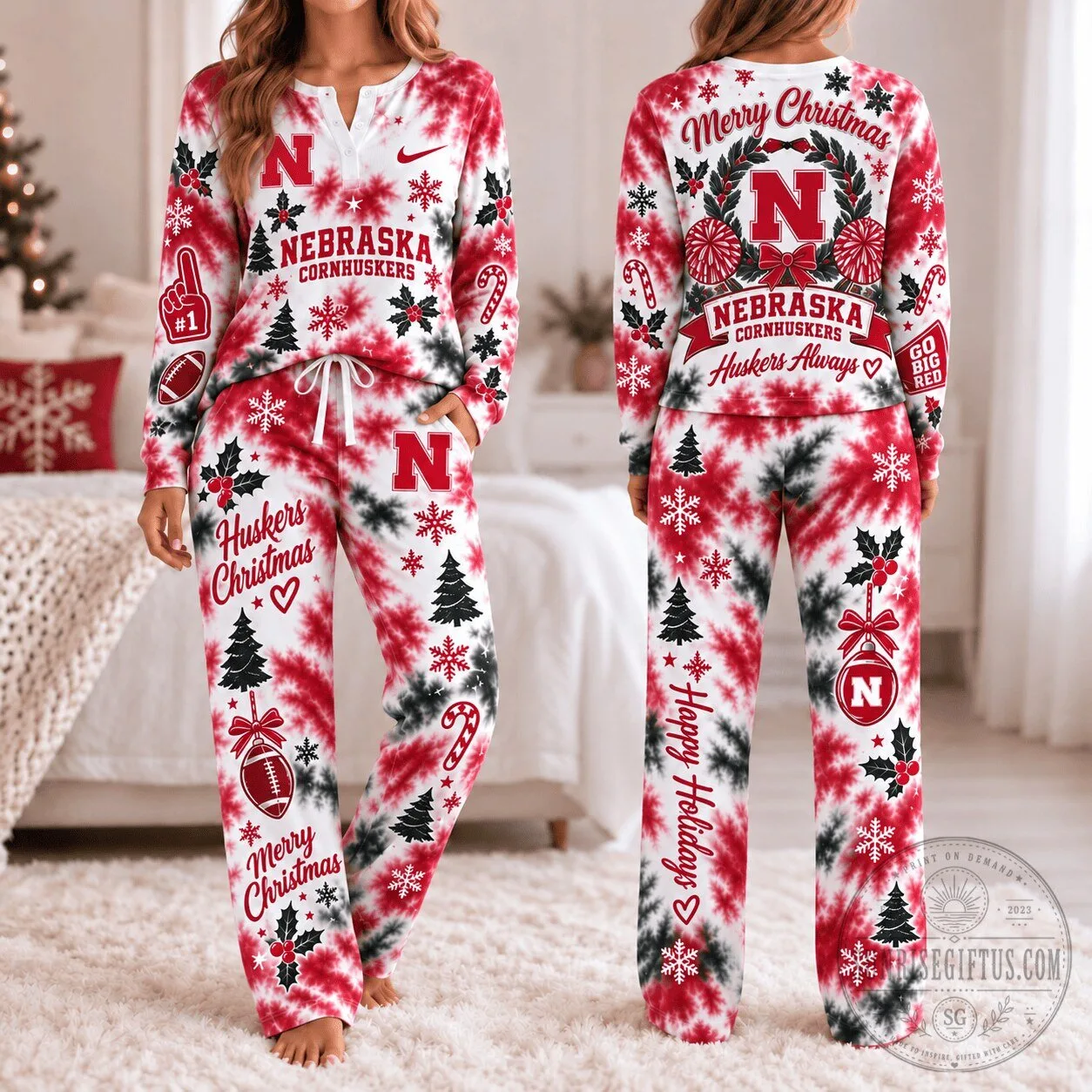 Nebraska Cornhuskers Christmas Tie-Dye Pajamas Set with Long Sleeve Shirt and Pants
