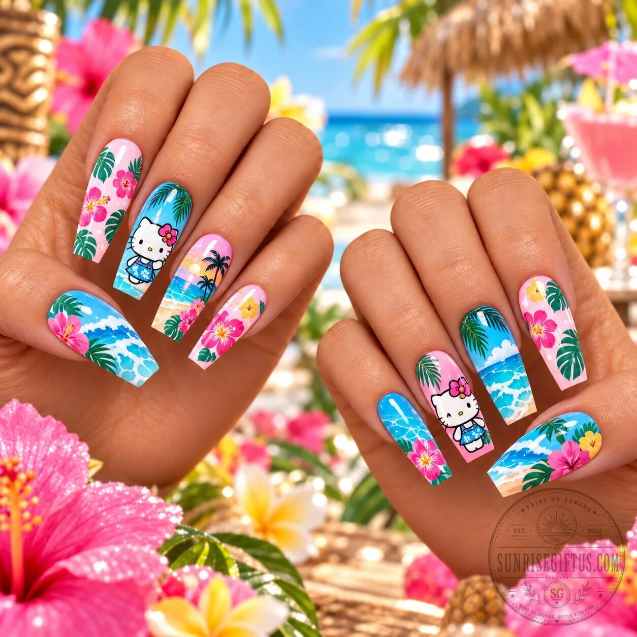 Summer Beach Press-On Nails Set featuring Hello Kitty in Tropical Paradise Theme