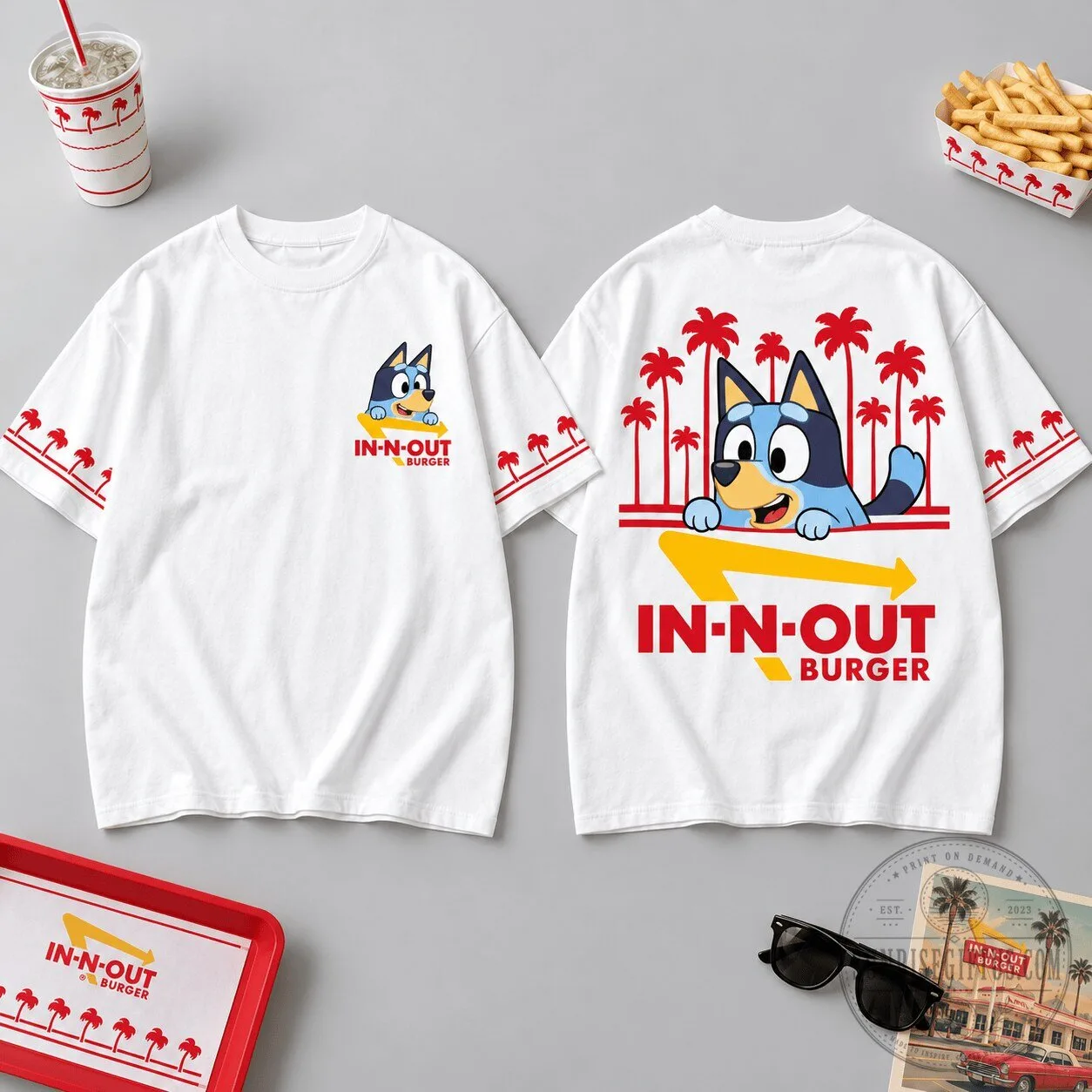 Bluey In-N-Out Burger Palm Tree White Graphic Cartoon Character T-Shirt