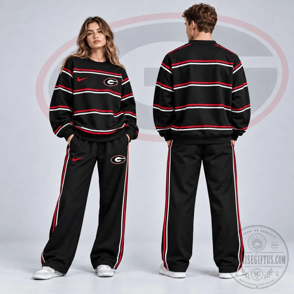 Georgia Bulldogs Black Striped Crewneck Sweatshirt and Wide Leg Track Pants Set Georgia Bulldogs Black Striped Crewneck Sweatshirt and Wide Leg Track Pants Set