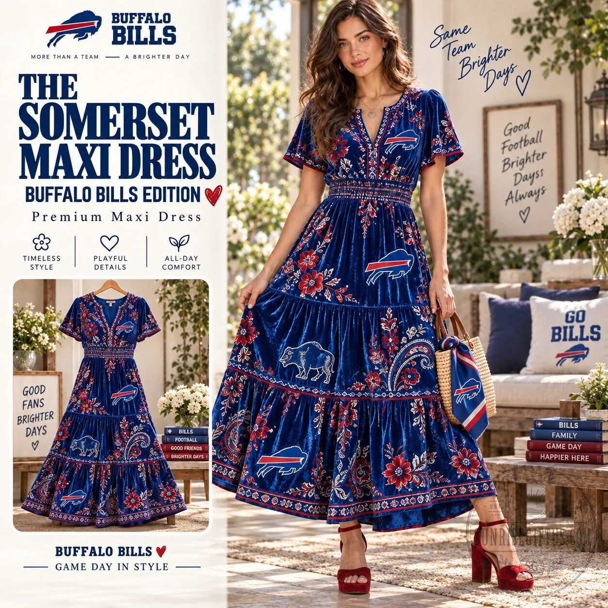 Buffalo Bills Embroidered Velvet V-Neck Short Sleeve Maxi Dress 3 Buffalo Bills Embroidered Velvet V-Neck Short Sleeve Maxi Dress